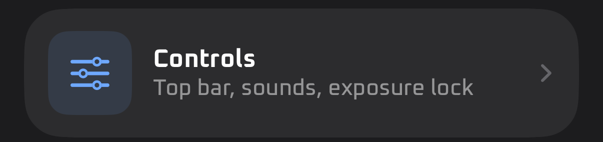 The Controls row in Nanofy Cam's Settings: top bar, sounds, exposure lock
