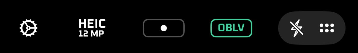Nanofy Cam's top bar with the green OBLV chip showing that Oblivion is selected